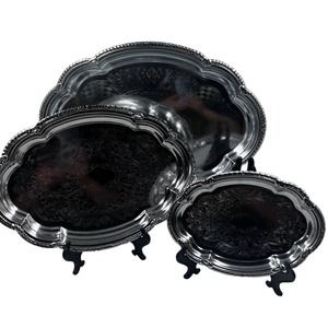 Vintage Set Three Silver Tone Trays Etched Decorative Stacking MidCentury